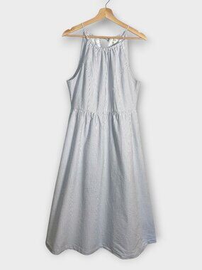 J Crew Seersucker Dress 12 Blue Stripe Halter Pockets Coastal Casual